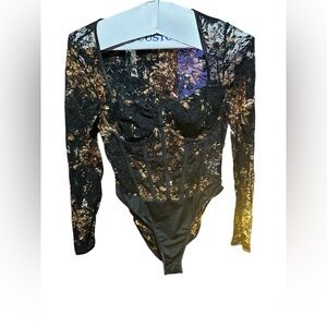 SHEIN Black Lace Bodysuit with Gold Accents
